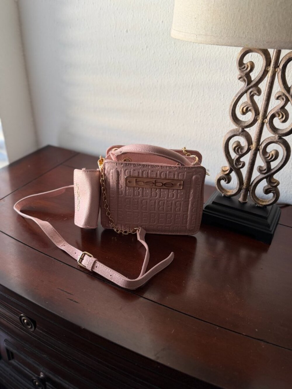bebe Thea Mini Satchel Powder Pink Embossed Logo Crossbody NWT